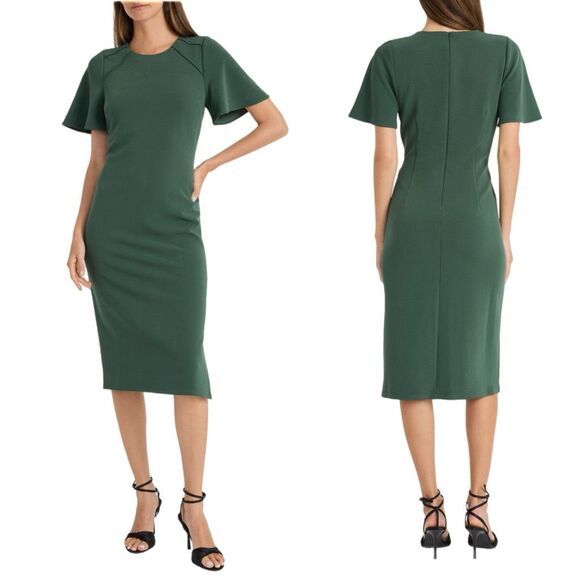 NWT Maggie London flutter sleeves green sheath midi dress Size 6 - Picture 1 of 16